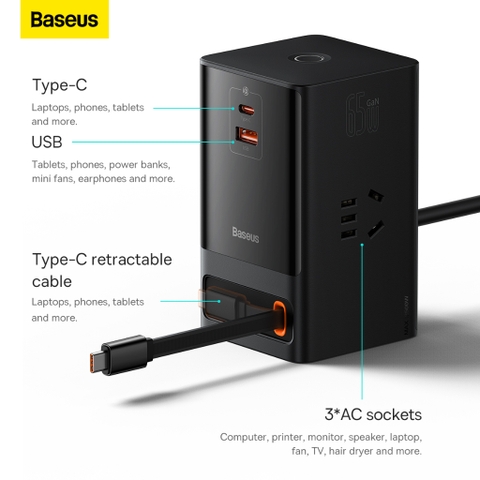 Bộ Sạc Nhanh Tích Hợp Baseus Power Combo Digital PowerStrip 65W (3AC + 1USB + 1Type C + Retractable Type C)