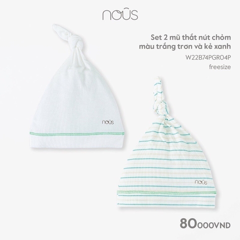 Set 2 mũ thắt nút chỏm Nous màu trắng trơn và kẻ xanh