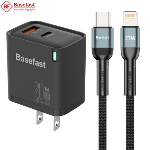 Bộ sạc nhanh 20W 2 Cổng C to Lightning kèm dây bọc dù siêu bền - Basefast AMAZON SERI