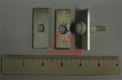 Hình ăn mòn khe cục bộ trên phiến kim loại đặt dưới vòng đệm PTFE ở 75°C sau 48 giờ