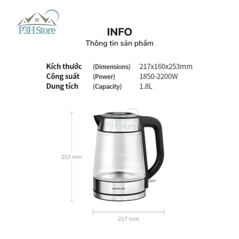 Ấm đun siêu tốc Lock&Lock 1.8L thân bình thủy tinh công suất 1850W - 2200W EJK256BLK P3H