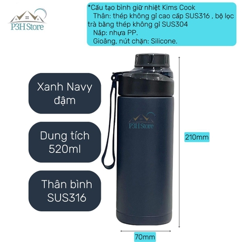 Bình giữ nhiệt Kims Cook 520ml thép không gỉ SUS316 cao cấp nắp vặn kín hơi dây xách tiện lợi XB-19124 P3H Store