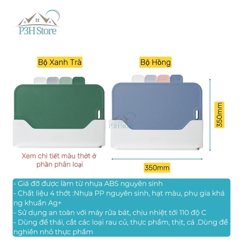 Bộ 4 Thớt nhựa kháng khuẩn đa năng có giá đỡ Inochi Yoko chống trượt, dày dặn P3H