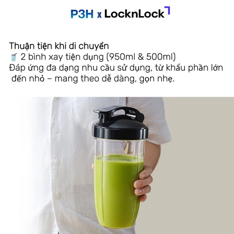 Máy Xay Sinh Tố LocknLock Duo Turbo Blender EJM452BLK – Xay Đá Mạnh Mẽ, 2 Bình Tiện Lợi (950ml & 500ml) P3H