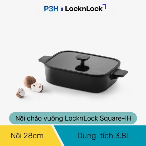 Nồi Chảo chống dính LocknLock Square-IH Thiết Kế Vuông Độc Đáo, Dùng được bếp từ, Nắp kính silicone tiện lợi P3H