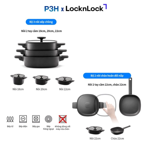 Nồi Chảo chống dính LocknLock Square-IH Thiết Kế Vuông Độc Đáo, Dùng được bếp từ, Nắp kính silicone tiện lợi P3H