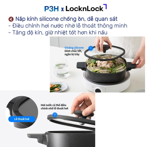 Nồi Chảo chống dính LocknLock Square-IH Thiết Kế Vuông Độc Đáo, Dùng được bếp từ, Nắp kính silicone tiện lợi P3H