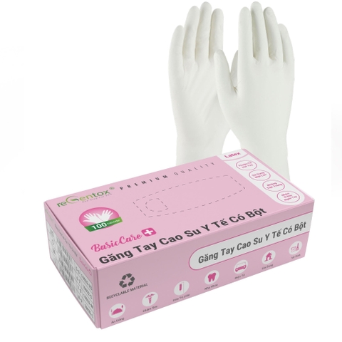 Găng Tay Y Tế Latex Regentox Có Bột BasicCare 240mm Trắng Size M (Hộp 100 cái)