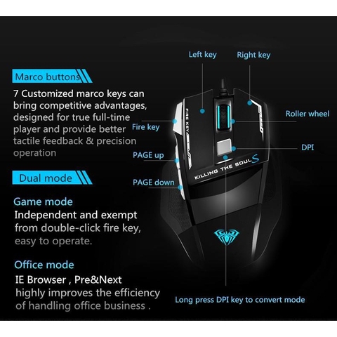 Chuột gaming TEKKIN AULA S12 4800 DPI có 7 nút bấm chuyên dụng cực nhạy chuyên chơi game
