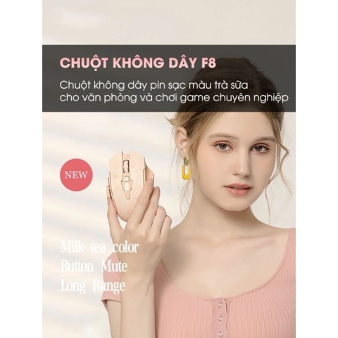 Chuột không dây pin sạc TEKKIN INPHIC F8 trà sữa cute gaming silent chống ồn ko dây bluetooth  wireless 2.4G máy tính