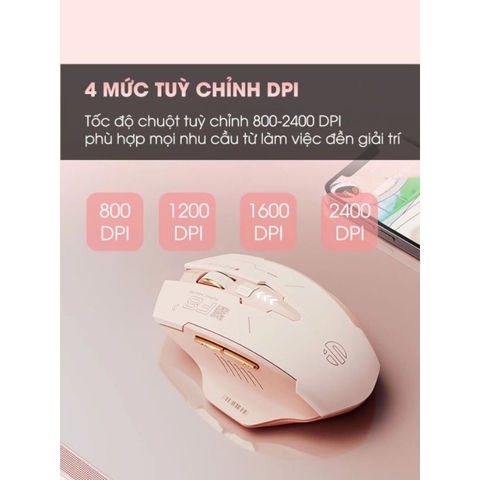 Chuột không dây pin sạc TEKKIN INPHIC F8 trà sữa cute gaming silent chống ồn ko dây bluetooth  wireless 2.4G máy tính