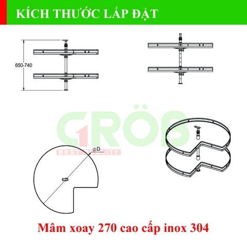 Mâm xoay GROB GM304-270.8/270.9 góc 270 inox 304 đáy Melamin, nan dẹt - Hàng chính hãng GROB