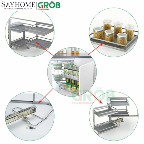 Kệ góc liên hoàn GROB GM304-290L/290R inox 304, đáy Melamin, nan dẹt - Hàng chính hãng GROB