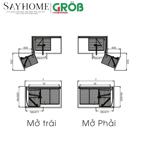 Kệ góc liên hoàn GROB GP-90L/90R hợp kim phủ Nano, nan dẹt - Hàng chính hãng GROB