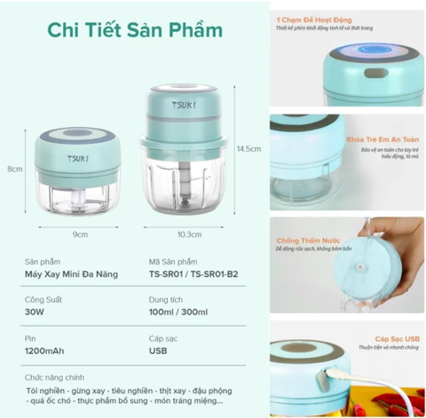 Máy xay mini đa năng thủy tinh TSUKI TS-SR01, dung tích 300ml, lưỡi dao thép không gỉ