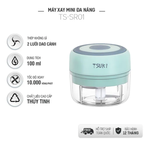 Máy xay mini đa năng thủy tinh TSUKI TS-SR01, dung tích 300ml, lưỡi dao thép không gỉ