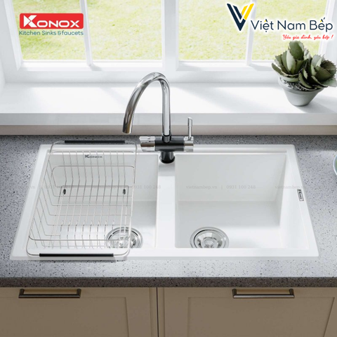 Chậu rửa bát Granite Sink Phoenix 860 White Silver - Chính hãng KONOX