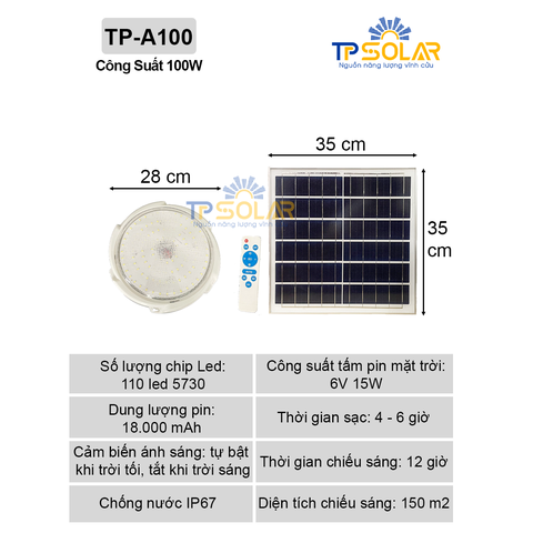 [100W] Đèn Áp Trần Năng Lượng Mặt Trời TP Solar TP-A100