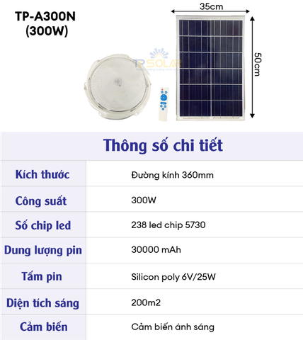 [300W] Đèn Áp Trần Năng Lượng Mặt Trời TP Solar  TP-A300N 3 Màu Ánh Sáng