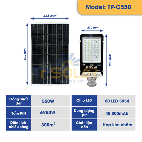 (550W) Đèn Bàn Chải Năng Lượng Mặt Trời TP Solar TP-C550