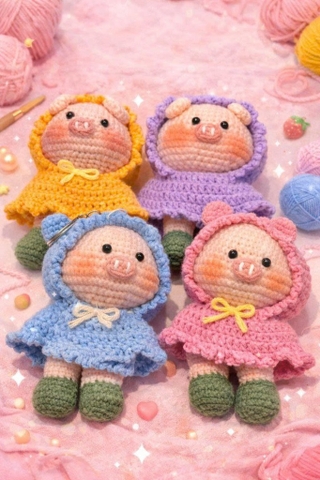 Móc khóa len heo mặc váy