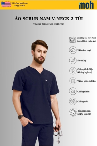 Áo Scrubs cao cấp nam thương hiệu MOH, cổ V-neck, 2 túi, chất vải và form chuẩn Mỹ (MTS102)