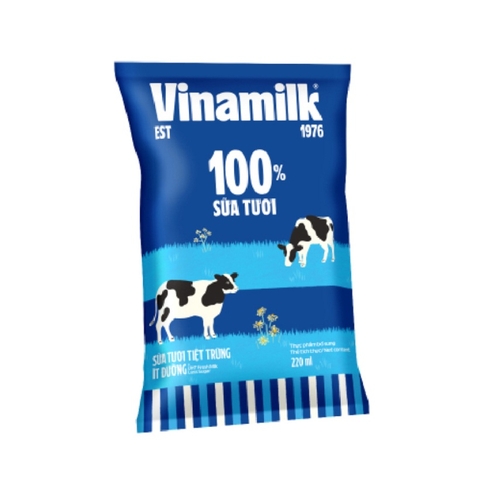 Sữa tươi tiệt trùng ít đường, 100% sữa tươi-Vinamilk, túi (220ml).
