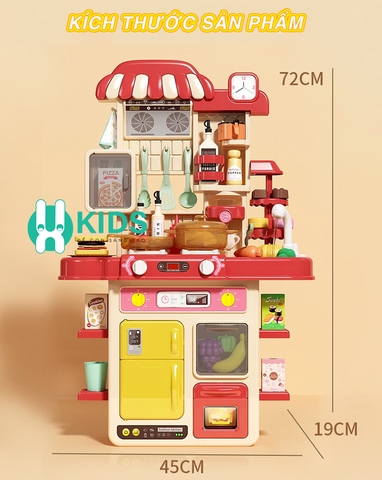 Đồ chơi nhà bếp cao cấp cao cỡ lớn 75cm có phun khói, vòi nước đèn nhạc kèm 48 chi tiết nấu ăn dễ thương cho bé