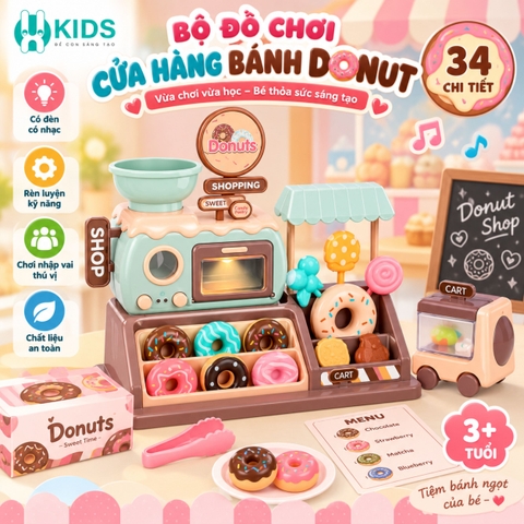 Bộ Đồ Chơi Cửa Hàng Bánh Donut 34 Chi Tiết Có Đèn Nhạc Cho Bé