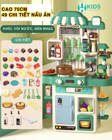 Đồ chơi nhà bếp cao cấp cao cỡ lớn 75cm có phun khói, vòi nước đèn nhạc kèm 48 chi tiết nấu ăn dễ thương cho bé