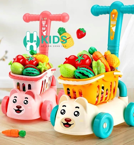 Xe Đẩy Siêu Thị Cho Bé Kèm Đồ Chơi Các Loại Hoa Qủa Cho Bé Tập Đi Chợ, Chở Búp Bê, Thú Bông Đi Chơi.
