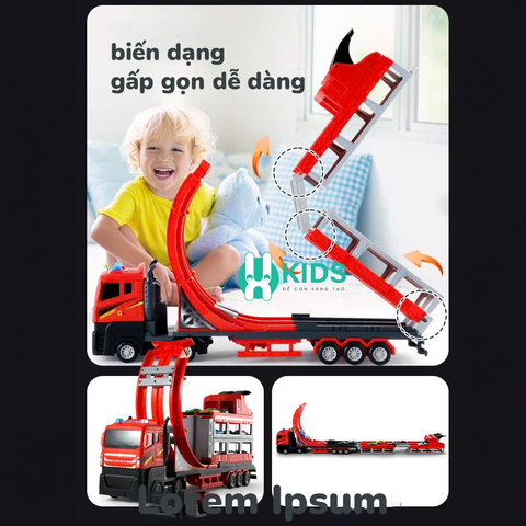 Đồ chơi xe tải container cỡ lớn biến hình đường đua lộn nhào dài 1m3 kèm nhiều ô tô hợp kim có đèn nhạc vui nhộn cho bé