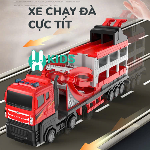 Đồ chơi xe tải container cỡ lớn biến hình đường đua lộn nhào dài 1m3 kèm nhiều ô tô hợp kim có đèn nhạc vui nhộn cho bé