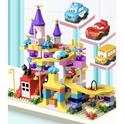 Bộ Xếp Hình lắp ráp khối xây dựng 165 Chi Tiết mô phỏng lâu đài có đường ray trượt ô tô siêu cute