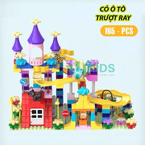Bộ Xếp Hình lắp ráp khối xây dựng 165 Chi Tiết mô phỏng lâu đài có đường ray trượt ô tô siêu cute