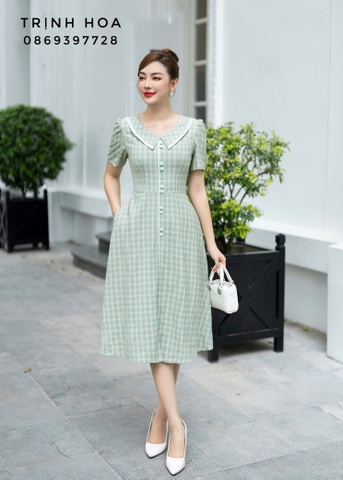 Đầm liền hoạ tiết kẻ dáng xoè a nhẹ nhàng
