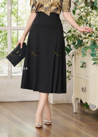 Chân váy dáng a dài phối xếp ly lệch cách điệu