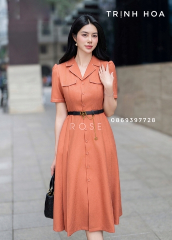 Váy đầm công sở dáng xoè nhẹ nhàng với 2 màu tím và cam