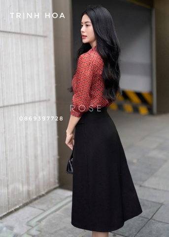 Áo sơ mi lụa hoạ tiết tay lỡ cổ phối nơ nữ tính