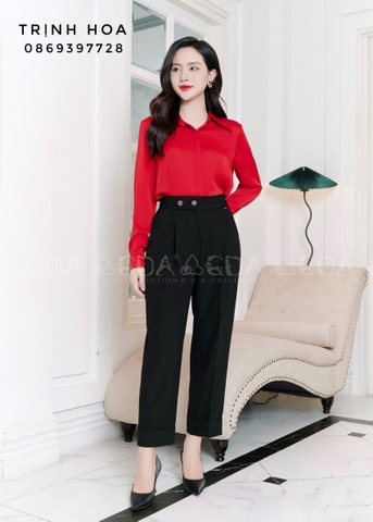 Áo sơ mi nữ vải lụa cao cấp kiểu dáng cổ đức dài tay