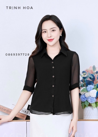 Áo sơ mi đen công sở tay lỡ