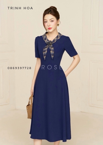 Đầm liền công sở dáng xòe 2 màu xanh và đô