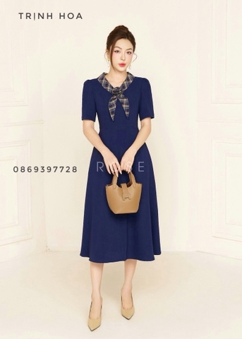Đầm liền công sở dáng xòe 2 màu xanh và đô