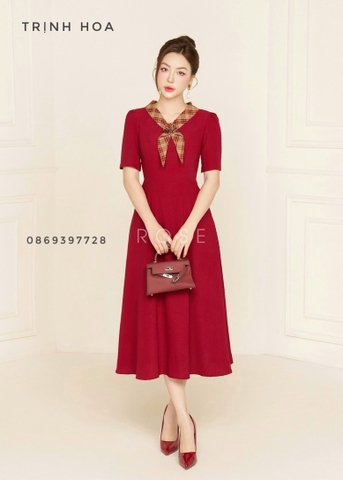 Đầm liền công sở dáng xòe 2 màu xanh và đô