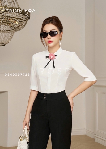 Sơ mi nữ công sở màu trắng tay lỡ, cổ đức