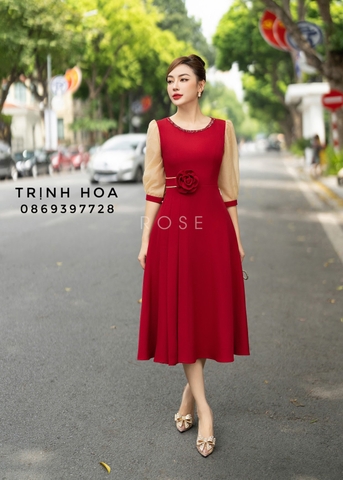 Đầm liền tay lỡ dáng xoè màu đỏ đính hoa cao cấp