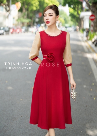 Đầm liền tay lỡ dáng xoè màu đỏ đính hoa cao cấp