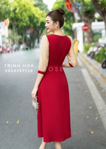 Đầm liền tay lỡ dáng xoè màu đỏ đính hoa cao cấp