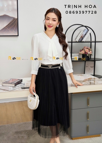 Áo sơ mi nữ tay lỡ chất lụa 2 màu xanh và trắng