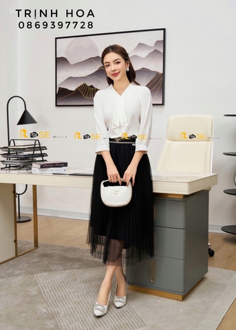 Áo sơ mi nữ tay lỡ chất lụa 2 màu xanh và trắng